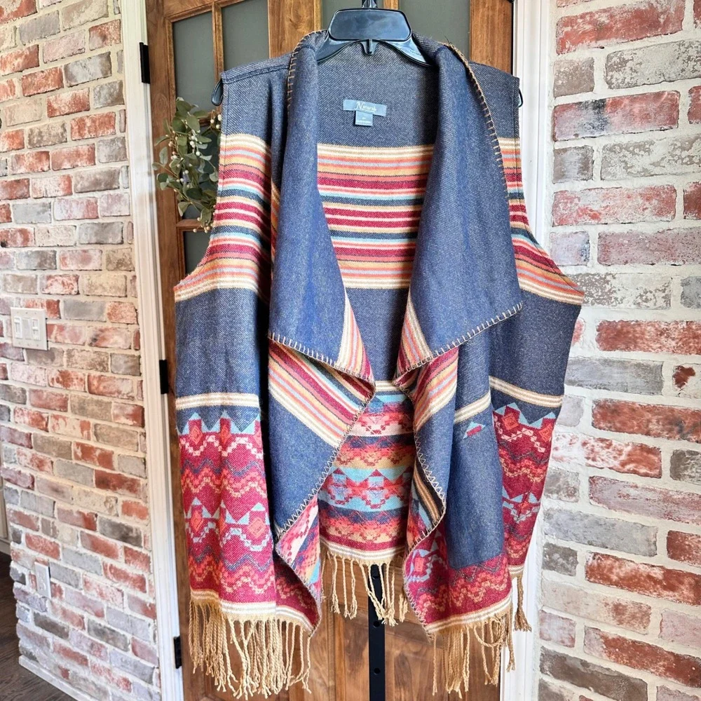 Natural Reflections Open Front Vest Women 2X Blue Southwestern Fringe Aztec Boho
